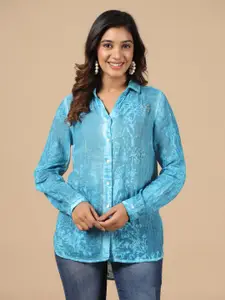 SAVI Blue Ombre Embellished Cotton Shirt Style Top