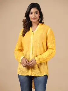 SAVI Yellow Ombre Embellished Cotton Shirt Style Top