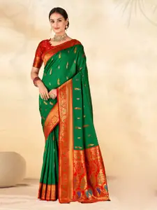 Mitera Green & Red Woven Design Zari Silk Blend Designer Paithani Saree