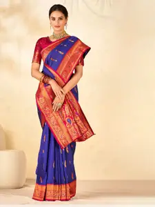 Mitera Purple & Pink Woven Design Zari Silk Blend Designer Paithani Saree