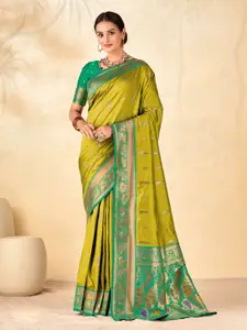 Mitera Olive Green & Green Woven Design Zari Silk Blend Designer Paithani Saree