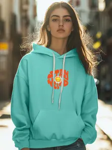 JUNEBERRY Typography Printed Hooded Fleece Oversized Sweatshirt