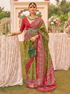 Anouk Olive Green & Red Ethnic Motifs Silk Blend Designer Patola Saree