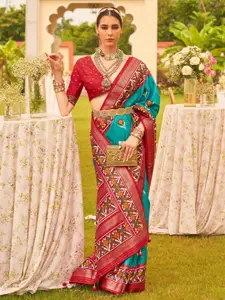 Anouk Blue & Red Ethnic Motifs Silk Blend Designer Patola Saree