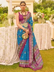 Anouk Blue & Magenta Ethnic Motifs Silk Blend Designer Patola Saree