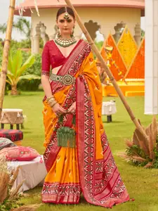 Anouk Yellow & Red Ethnic Motifs Silk Blend Designer Patola Saree