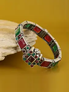 Anouk Red & Green Silver-Plated Stone Studded Oxidised Bangle-Style Bracelet