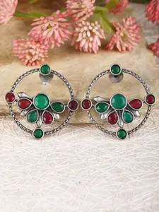 Sangria Silver-Plated Artificial Stones-Studded Oxidised Stud Earring