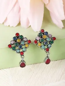Sangria Silver Plated Artificial Stones and Beads Studded Oxidised Drop Earrings
