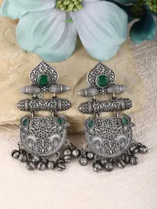 Sangria Silver-Plated Artificial Stones-Studded Oxidised Drop Earrings