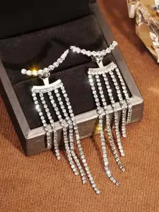 VAGHBHATT Silver-Plated CZ-Studded Tassel Design Dangle Earrings