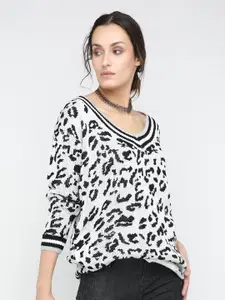 LULU & SKY Animal Printed V-Neck Drop-Shoulder Sleeves Longline Pullover