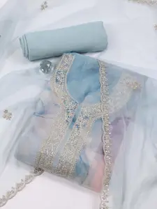 Meena Bazaar Blue Printed Organza Unstitched Dress Material