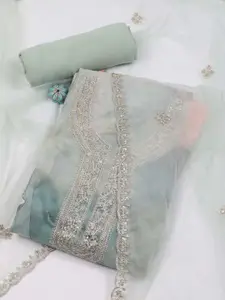 Meena Bazaar Green Printed Organza Unstitched Dress Material