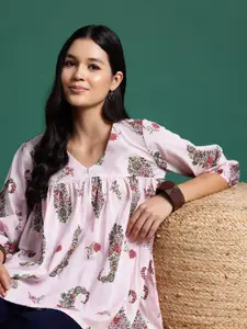 Sangria Floral Print Puff Sleeve Empire Top