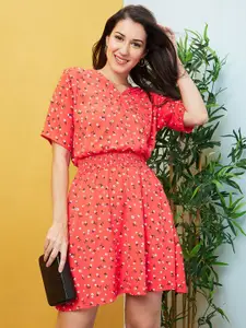 Globus Red Floral Printed Fit & Flare Dress