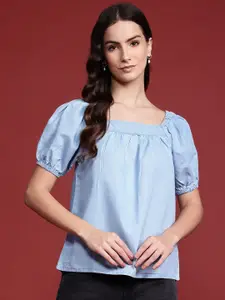 all about you Puff Sleeve Cotton Chambray Boxy Top