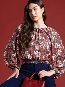 all about you Floral Print Cinched Waist Raglan Puffed Sleeves Top