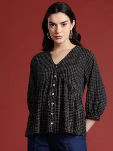 all about you Checked Print Puff Sleeve Empire Top