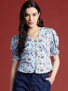 all about you Floral Print Puff Sleeves Empire Top