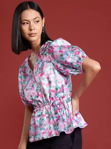 all about you Floral Printed Puff Sleeves Wrap Top