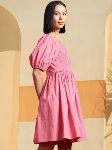 all about you Puff Sleeves Smocked Pure Cotton Fit & Flare Dress