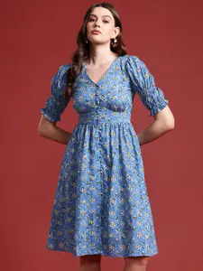 all about you Pure Cotton Floral Print Puff Sleeve A-Line Mini Dress