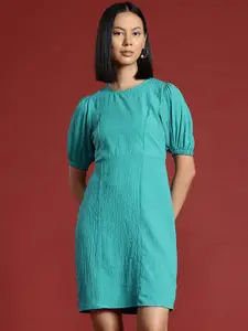 all about you Crinkled Cut-Out Back Puff Sleeve A-Line Dress