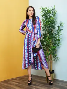Globus Blue & Purple Abstract Printed Waist Tie-Ups Ruffles Satin A-Line Dress