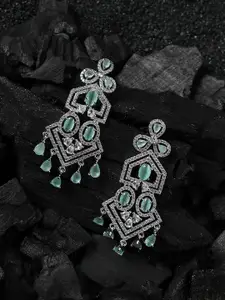 Anouk Silver-Toned & Green Silver-Plated Crystal Studded Contemporary Drop Earrings