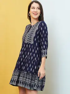 Globus Navy Blue Floral Printed Tie-Up Neck Gathered A-Line Dress