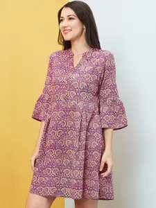 Globus Purple Ethnic Motifs Printed Mandarin Collar Gathered Pure Cotton A-line Dress
