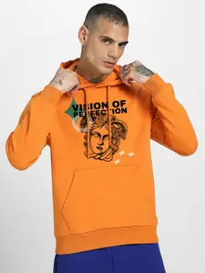VEIRDO Men Orange Printed Hooded Sweatshirt