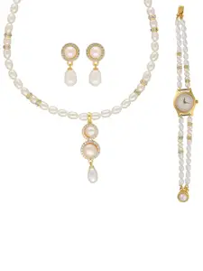 Sri Jagdamba Pearls Dealer Gold Plated Necklace & Earrings & Watch