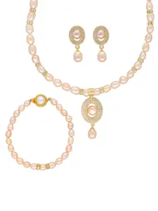 Sri Jagdamba Pearls Dealer Gold-Plated Pearl-Studded Necklace & Earrings With Bracelet