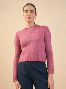 SALT ATTIRE Self Design Long Sleeve Acrylic Pullover Crop Sweater