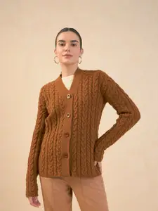 SALT ATTIRE Self Design Cable Knit V-Neck Long Sleeve Cardigan Sweater