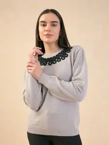 SALT ATTIRE Embroidered Long Sleeves Cotton Pullover Sweater
