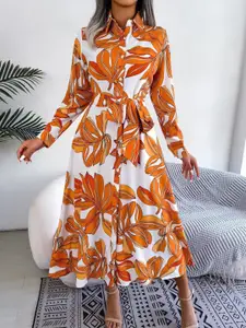 StyleCast Orange & White Floral Printed Midi Belted Shirt Dress