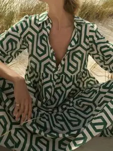 StyleCast Green Geometric Printed Shirt Collar Tiered Maxi Dress