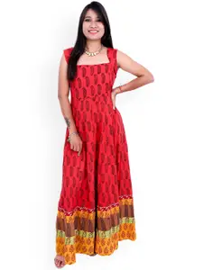 WEAVERS SAGA Ethnic Motifs Printed Sleeveless Fit & Flare Cotton Maxi Ethnic Dress