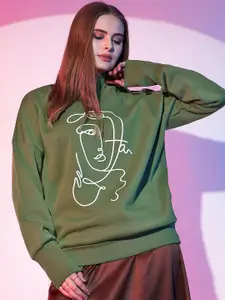 STREET 9 Olive Green Graphic Printed High Neck Sweatshirt