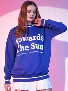 STREET 9 Blue Typography Printed Drop Shoulder Pullover Fleece Sweatshirt