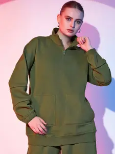 STREET 9 Olive Green Mock Collar Fleece Sweatshirt