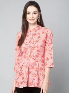KALINI Pink Floral Print Mandarin Collar Cotton Peplum Top