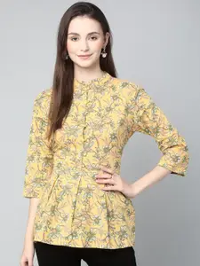 KALINI Yellow Floral Print Mandarin Collar Cotton Peplum Top