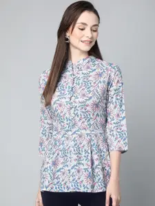 KALINI Grey Floral Print Mandarin Collar Cotton Peplum Top
