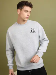 KETCH Grey Round Neck Drop-Shoulder Sleeves Oversized Sweatshirt