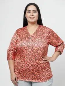 Flambeur Plus Size Abstract Printed V-Neck Roll-Up Sleeves Satin Regular Top