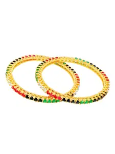 Yellow Chimes Set Of 2 Crystal-Plated Stone-Studded Bangles